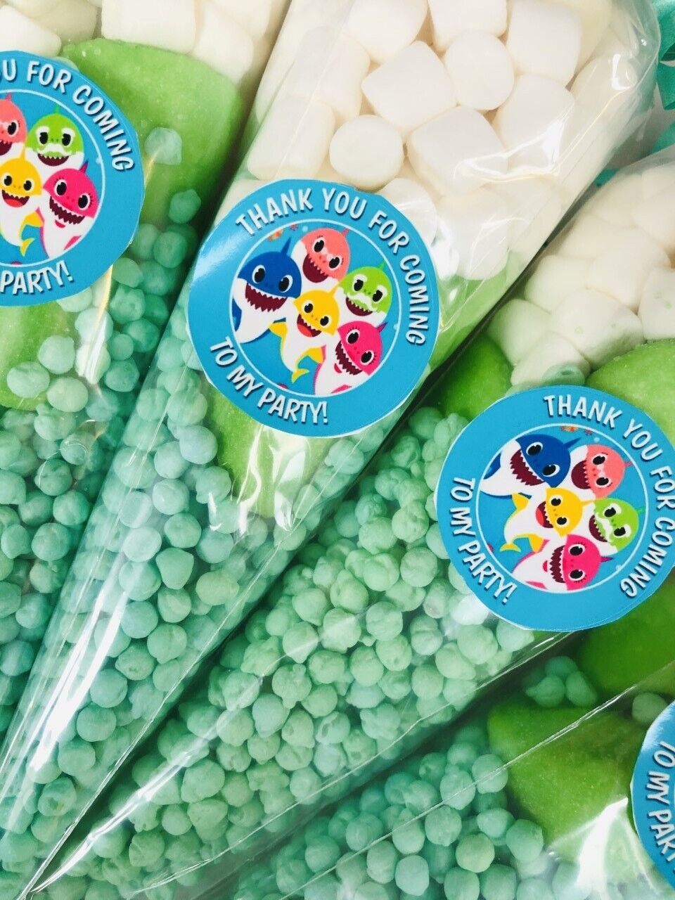 Made to order Baby Shark Inspired Themed Green & White Filled Candy Sweets Cone Party Bag Filler