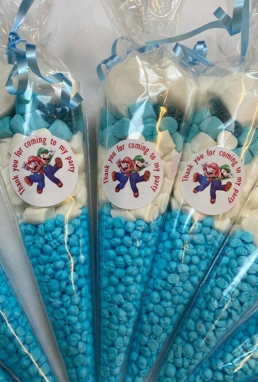 Super Mario Inspired Themed Party Bag Filler Pre Filled Candy Sweets Cone Blue