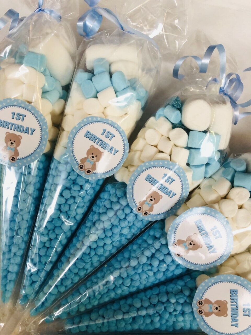 Birthday Teddy Bear Sweet Candy Cones Sweets Party Bags Filled Party Bag Gift Blue 1st