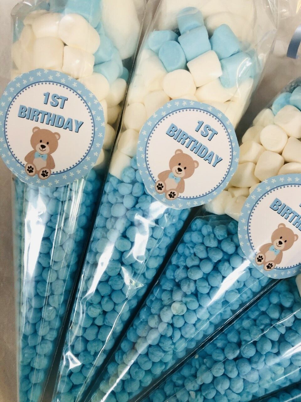 Birthday Teddy Bear Sweet Candy Cones Sweets Party Bags Filled Party Bag Gift Blue 1st