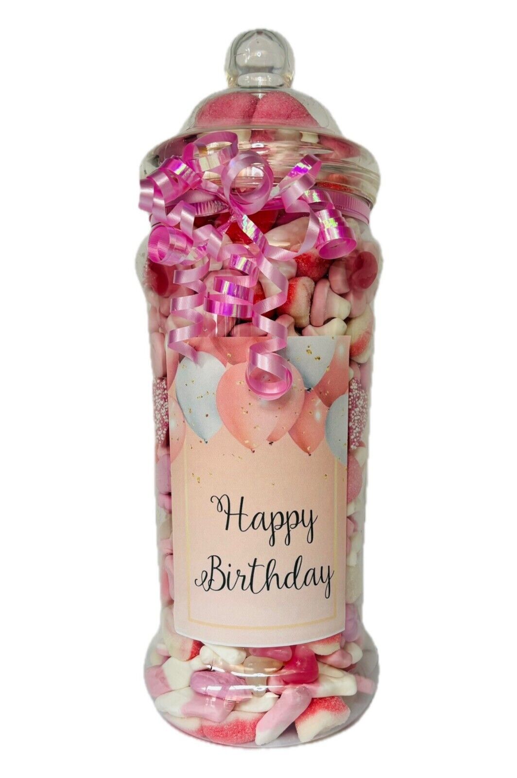 Happy Birthday Filled Pick N Mix Sweet Victorian Jar Gift Present Pink Blue
