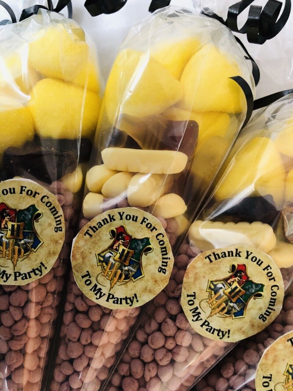 Harry Potter Inspired Themed Filled Sweet Candy Cones & Sticker Party Bags Yellow & Brown