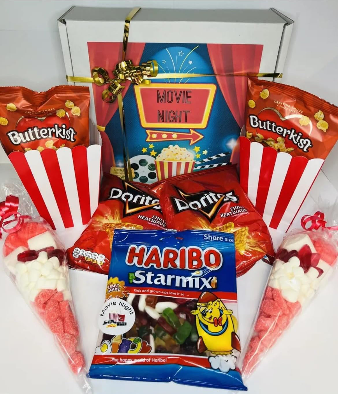 Movie Date Night Box For 2 Butterkist Popcorn Sweet Cones Doritos Treats Hamper